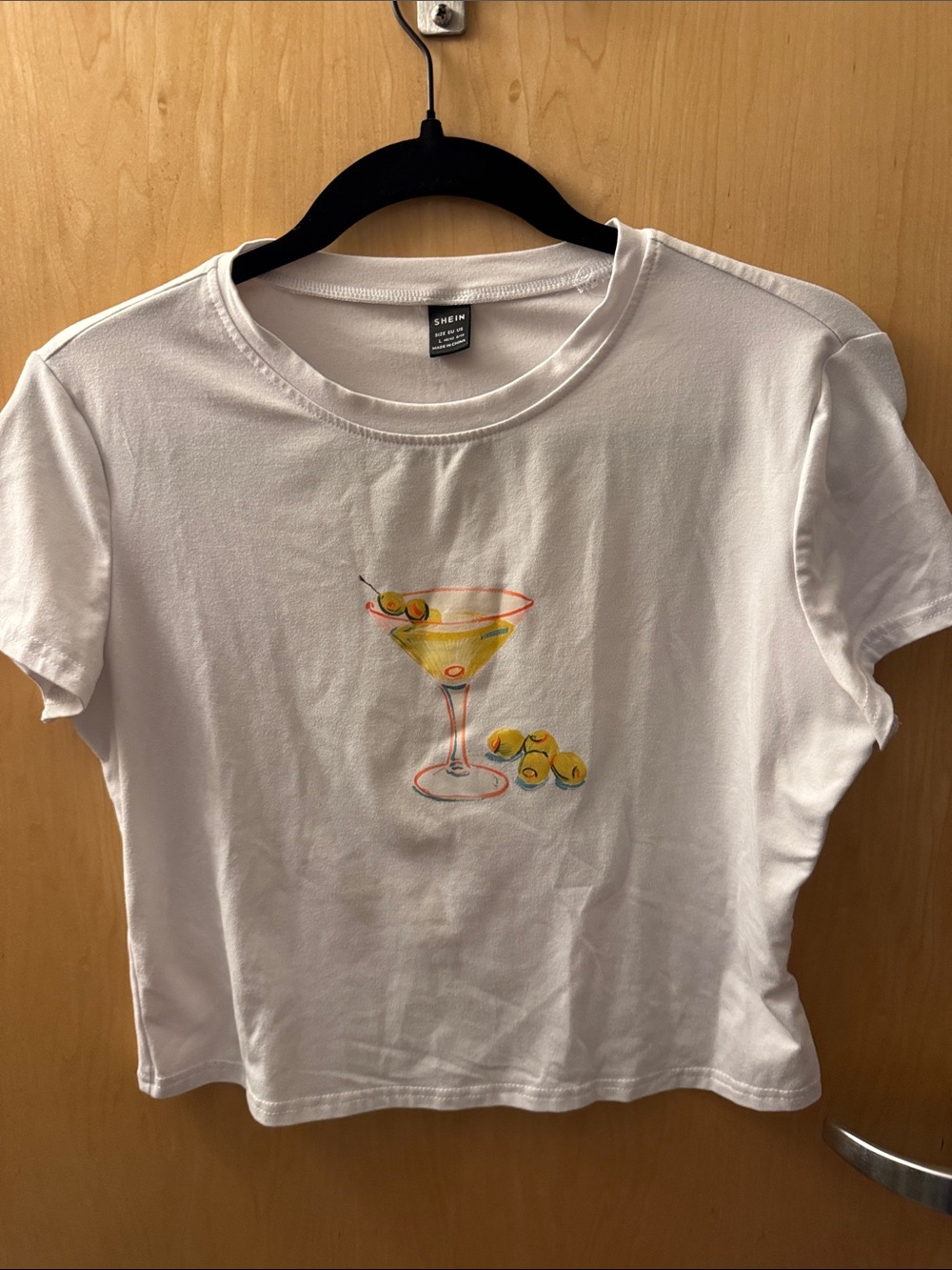 SHEIN White Short-Sleeve Tee with Yellow Martini Graphic